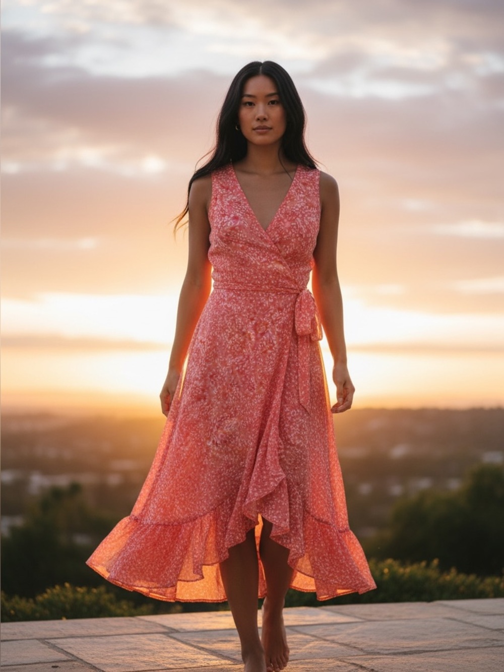 DKNY Coral Floral High-Low Wrap Maxi Dress
